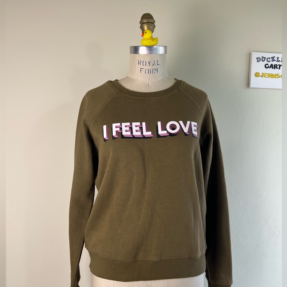 GUC Rebecca Minkoff Olive Green 'I Feel Love' Graphic Crewneck Sweatshirt SZ-S - Picture 5 of 13